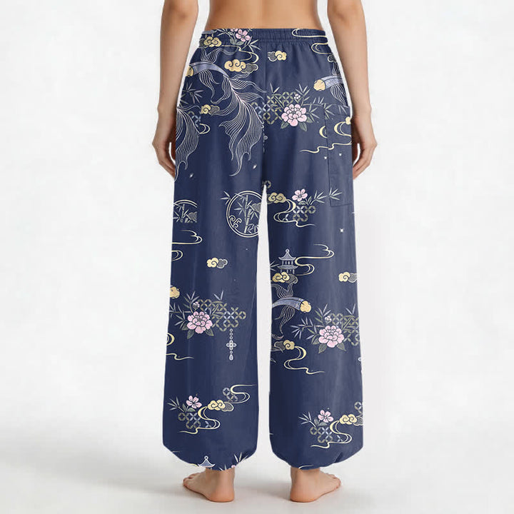 Buddha Stones Cotton Koi Fish Bamboo Cloud Pattern Women's Elastic Waist Harem Pants With Side Pockets - image 9