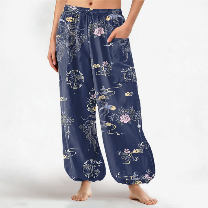 Buddha Stones Cotton Koi Fish Bamboo Cloud Pattern Women's Elastic Waist Harem Pants With Side Pockets - Navy - US16，UK/AU20，EU48 (3XL) - image 7
