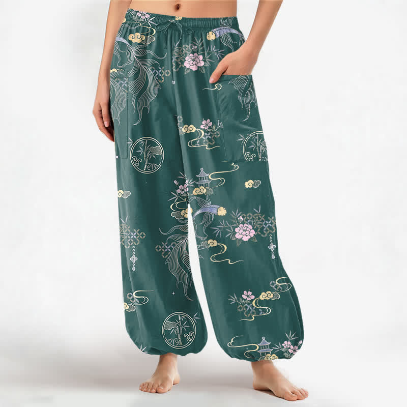 Buddha Stones Cotton Koi Fish Bamboo Cloud Pattern Women's Elastic Waist Harem Pants With Side Pockets - Teal - US16，UK/AU20，EU48 (3XL) - image 10