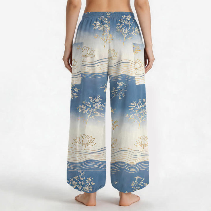 Buddha Stones Cotton Lotus Wave Pattern Women's Elastic Waist Harem Pants With Side Pockets - image 2