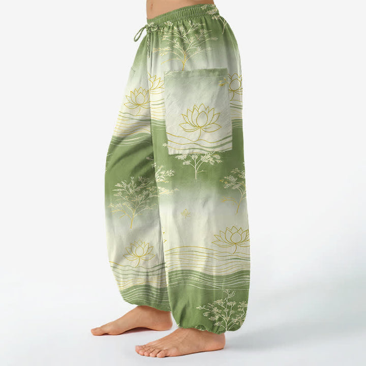 Buddha Stones Cotton Lotus Wave Pattern Women's Elastic Waist Harem Pants With Side Pockets - image 11