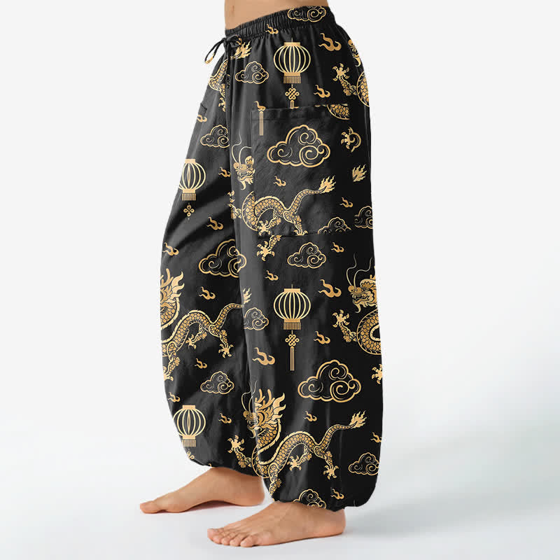 Buddha Stones Cotton Golden Dragon Lantern Pattern Women's Elastic Waist Harem Pants With Side Pockets - image 1