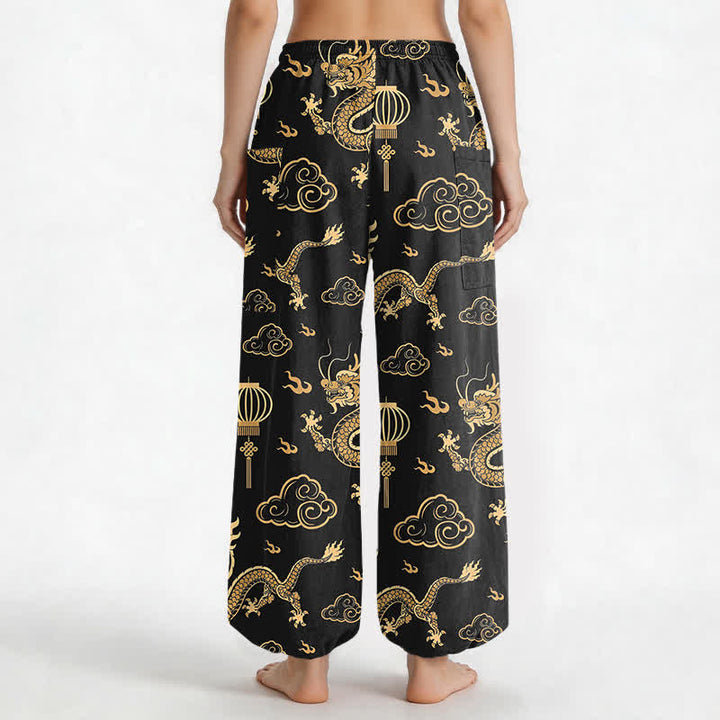 Buddha Stones Cotton Golden Dragon Lantern Pattern Women's Elastic Waist Harem Pants With Side Pockets - image 2
