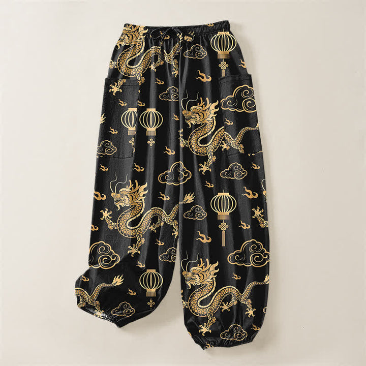 Buddha Stones Cotton Golden Dragon Lantern Pattern Women's Elastic Waist Harem Pants With Side Pockets - image 3