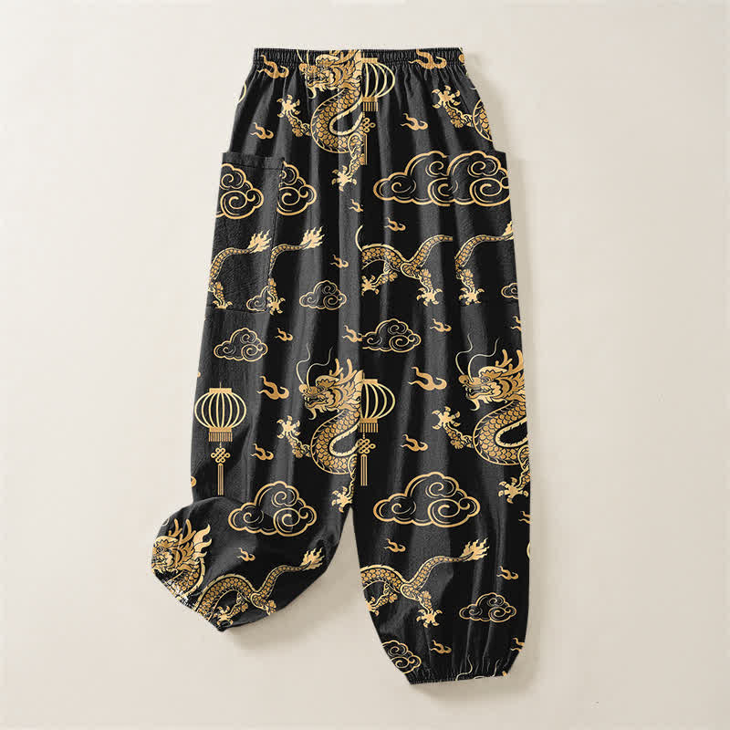 Buddha Stones Cotton Golden Dragon Lantern Pattern Women's Elastic Waist Harem Pants With Side Pockets - image 4