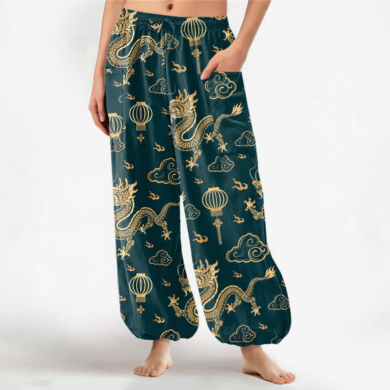 Buddha Stones Cotton Golden Dragon Lantern Pattern Women's Elastic Waist Harem Pants With Side Pockets - Teal - US16，UK/AU20，EU48 (3XL) - image 7