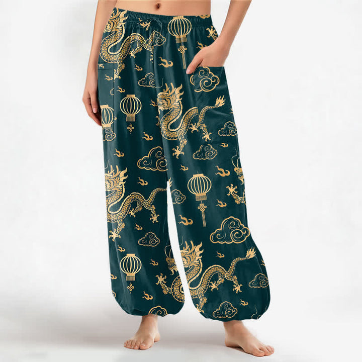 Buddha Stones Cotton Golden Dragon Lantern Pattern Women's Elastic Waist Harem Pants With Side Pockets - Teal - US16，UK/AU20，EU48 (3XL) - image 7