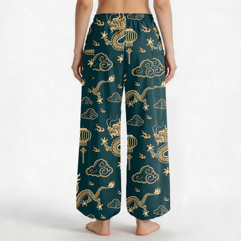 Buddha Stones Cotton Golden Dragon Lantern Pattern Women's Elastic Waist Harem Pants With Side Pockets - image 9