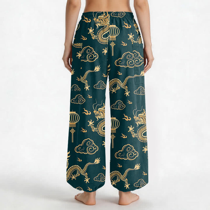 Buddha Stones Cotton Golden Dragon Lantern Pattern Women's Elastic Waist Harem Pants With Side Pockets - image 9