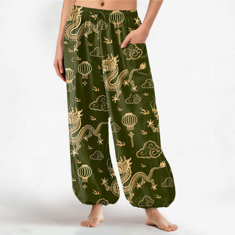 Buddha Stones Cotton Golden Dragon Lantern Pattern Women's Elastic Waist Harem Pants With Side Pockets - DarkOliveGreen - US16，UK/AU20，EU48 (3XL) - image 10