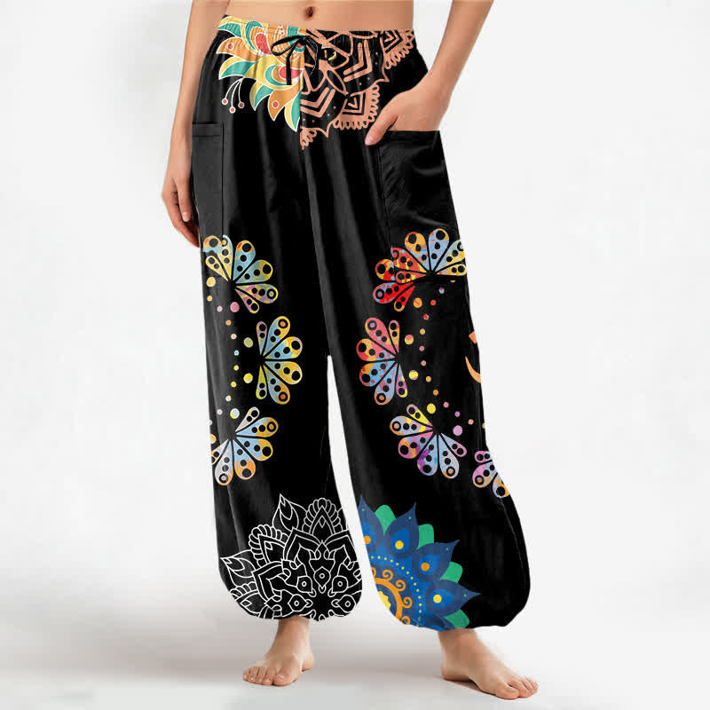 Buddha Stones Cotton Mandala Lotus OM Pattern Women's Elastic Waist Harem Pants With Side Pockets - Black - US16，UK/AU20，EU48 (3XL) - image 0