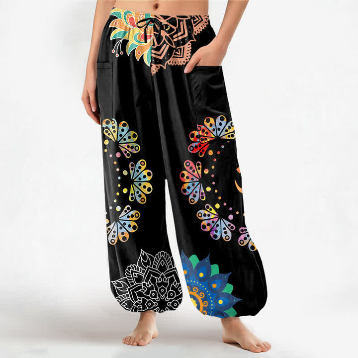 Buddha Stones Cotton Mandala Lotus OM Pattern Women's Elastic Waist Harem Pants With Side Pockets - Black - US16，UK/AU20，EU48 (3XL) - image 0