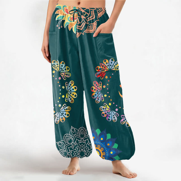 Buddha Stones Cotton Mandala Lotus OM Pattern Women's Elastic Waist Harem Pants With Side Pockets - Teal - US16，UK/AU20，EU48 (3XL) - image 10