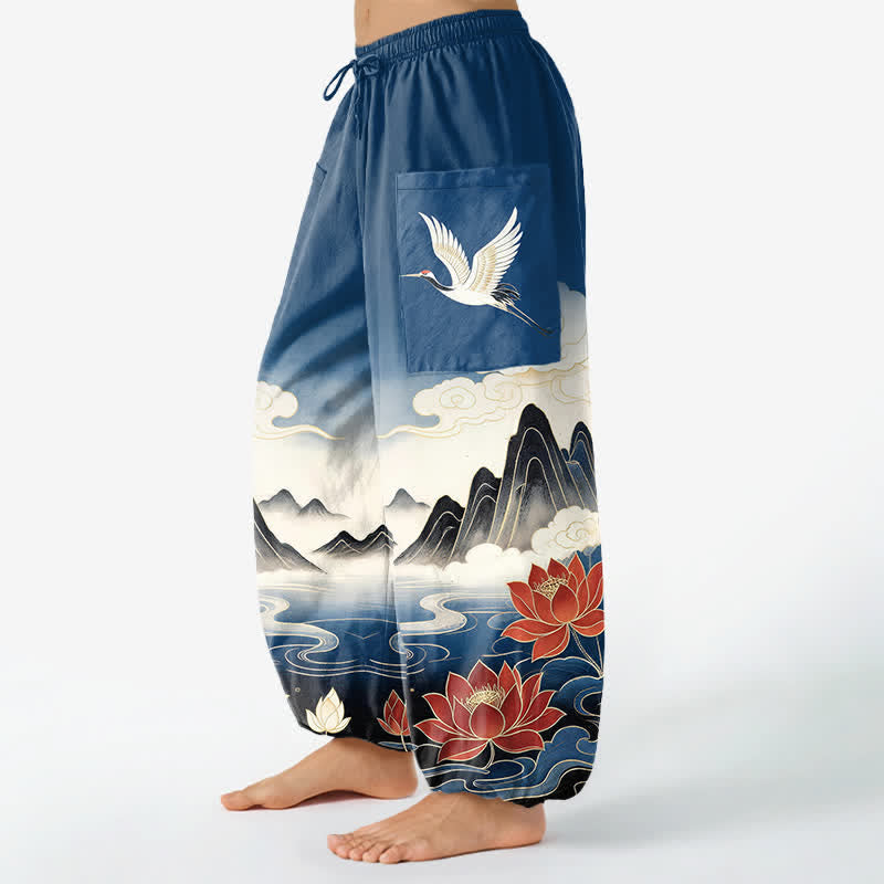 Buddha Stones Cotton Oriental Landscape Lotus Crane Pattern Women's Elastic Waist Harem Pants With Side Pockets - image 1