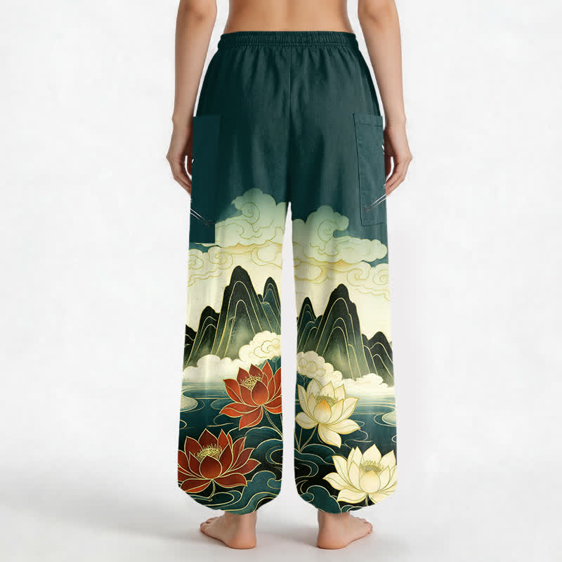 Buddha Stones Cotton Oriental Landscape Lotus Crane Pattern Women's Elastic Waist Harem Pants With Side Pockets - image 9