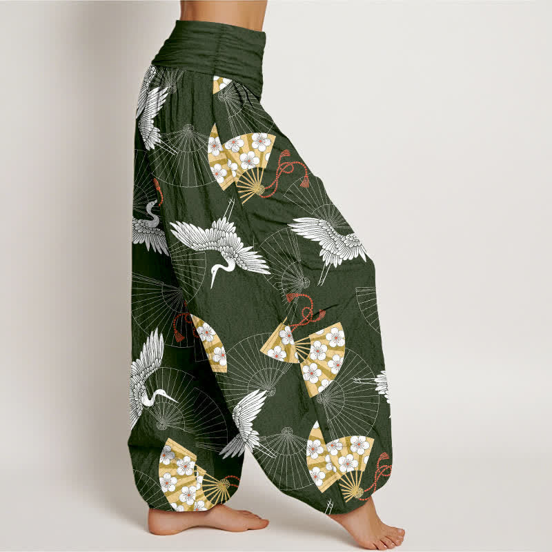 Buddha Stones Cotton Oriental Crane Fan Pattern Women's Elastic Waist Harem Pants - image 1