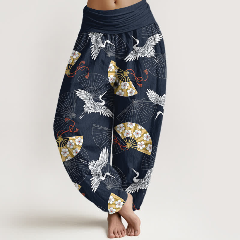 Buddha Stones Cotton Oriental Crane Fan Pattern Women's Elastic Waist Harem Pants - MidnightBlue - US16，UK/AU20，EU48 (3XL) - image 5