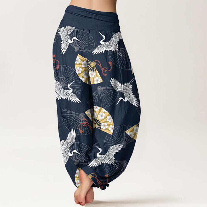 Buddha Stones Cotton Oriental Crane Fan Pattern Women's Elastic Waist Harem Pants - image 7