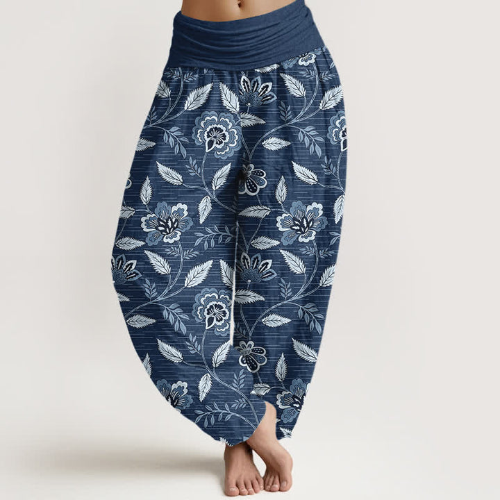 Buddha Stones Cotton Vintage Floral Vine Pattern Women's Elastic Waist Harem Pants - SteelBlue - US16，UK/AU20，EU48 (3XL) - image 8