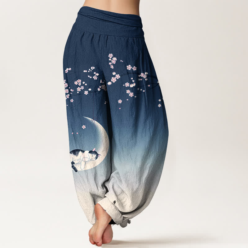Buddha Stones Cotton Sakura Moon Cat Pattern Women's Elastic Waist Harem Pants - image 2