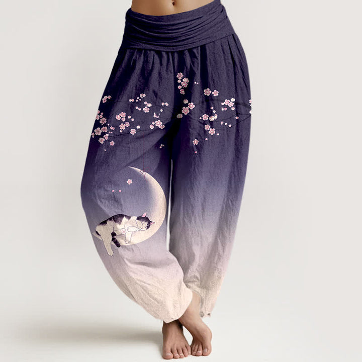 Buddha Stones Cotton Sakura Moon Cat Pattern Women's Elastic Waist Harem Pants - Indigo - US16，UK/AU20，EU48 (3XL) - image 5