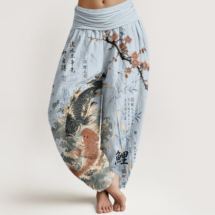 Buddha Stones Cotton Koi Fish Calligraphy Pattern Women's Elastic Waist Harem Pants - LightSkyBlue - US16，UK/AU20，EU48 (3XL) - image 5