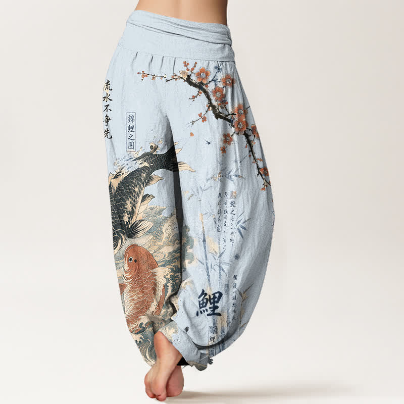Buddha Stones Cotton Koi Fish Calligraphy Pattern Women's Elastic Waist Harem Pants - image 7