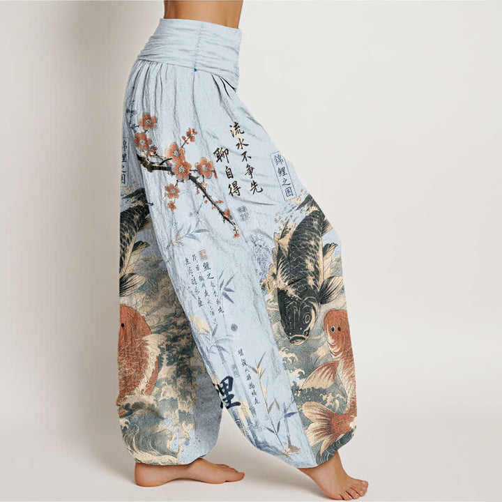 Buddha Stones Cotton Koi Fish Calligraphy Pattern Women's Elastic Waist Harem Pants - image 6