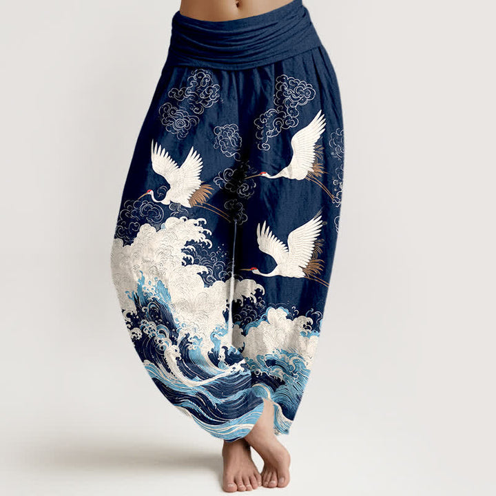 Buddha Stones Cotton Crane Cloud Wave Pattern Women's Elastic Waist Harem Pants - Navy - US16，UK/AU20，EU48 (3XL) - image 0