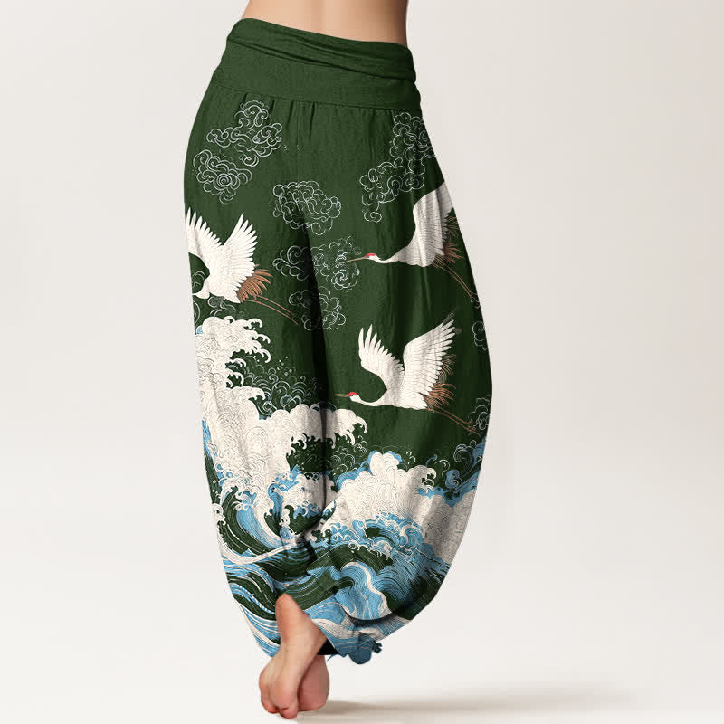Buddha Stones Cotton Crane Cloud Wave Pattern Women's Elastic Waist Harem Pants - image 7