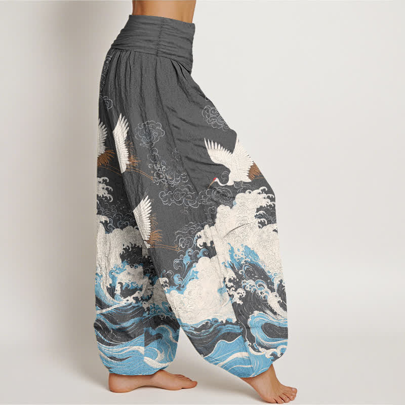 Buddha Stones Cotton Crane Cloud Wave Pattern Women's Elastic Waist Harem Pants - image 9