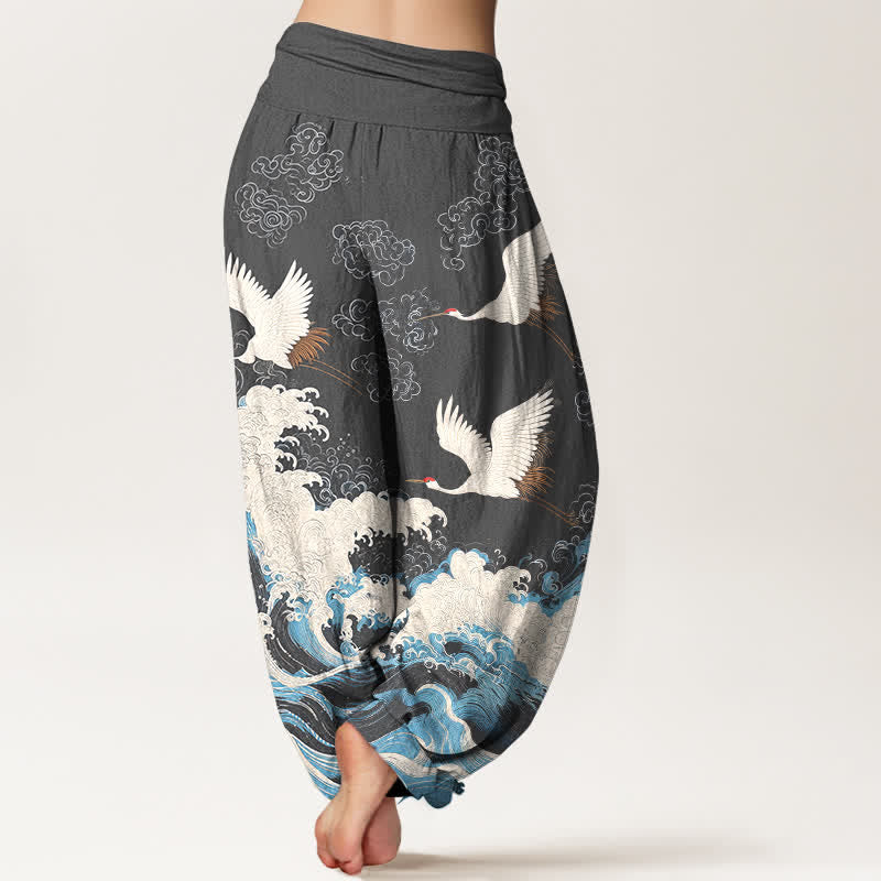 Buddha Stones Cotton Crane Cloud Wave Pattern Women's Elastic Waist Harem Pants - image 10