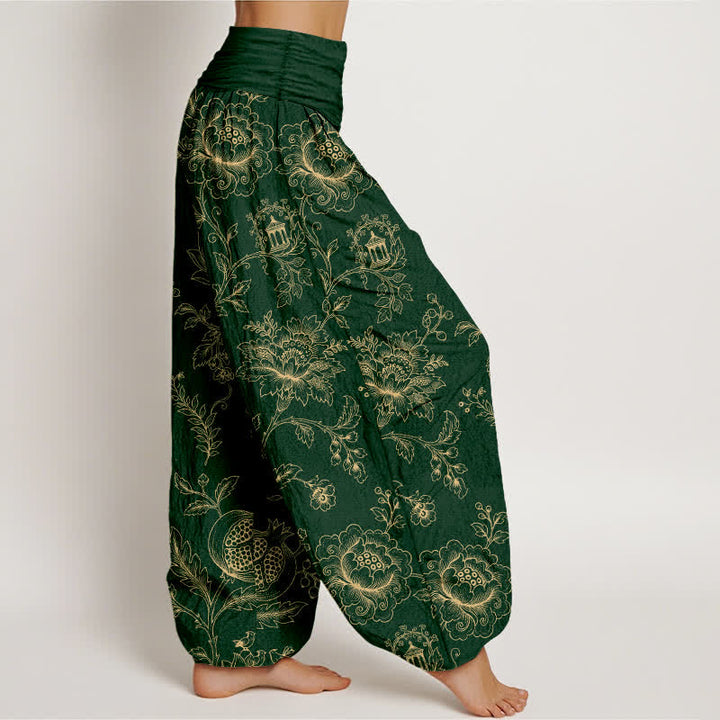 Buddha Stones Cotton Golden Floral Vine Pattern Women's Elastic Waist Harem Pants - image 1