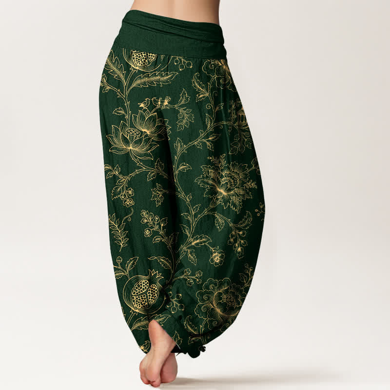 Buddha Stones Cotton Golden Floral Vine Pattern Women's Elastic Waist Harem Pants - image 2
