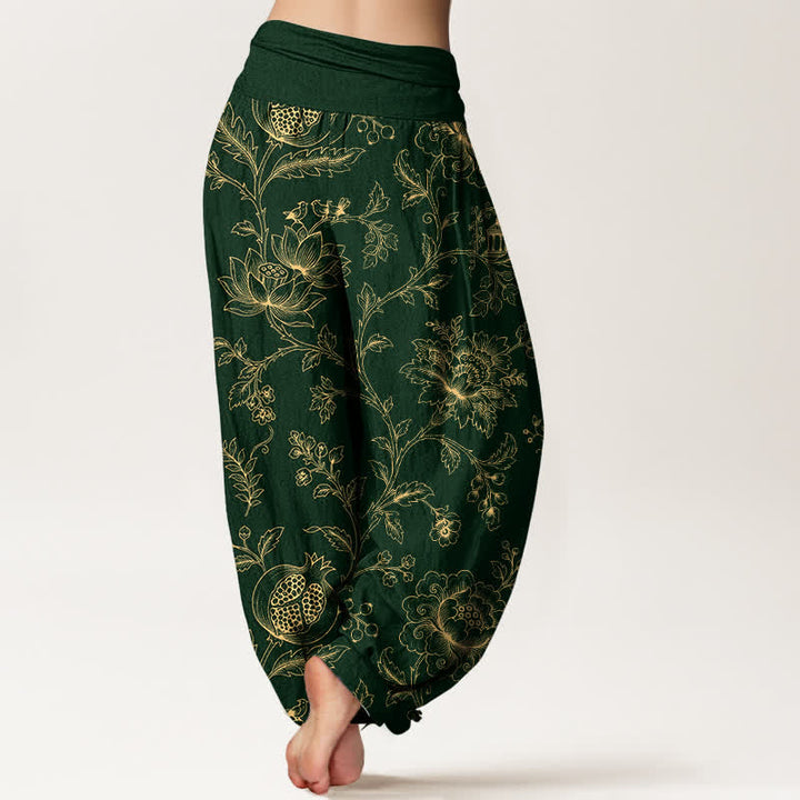 Buddha Stones Cotton Golden Floral Vine Pattern Women's Elastic Waist Harem Pants - image 2