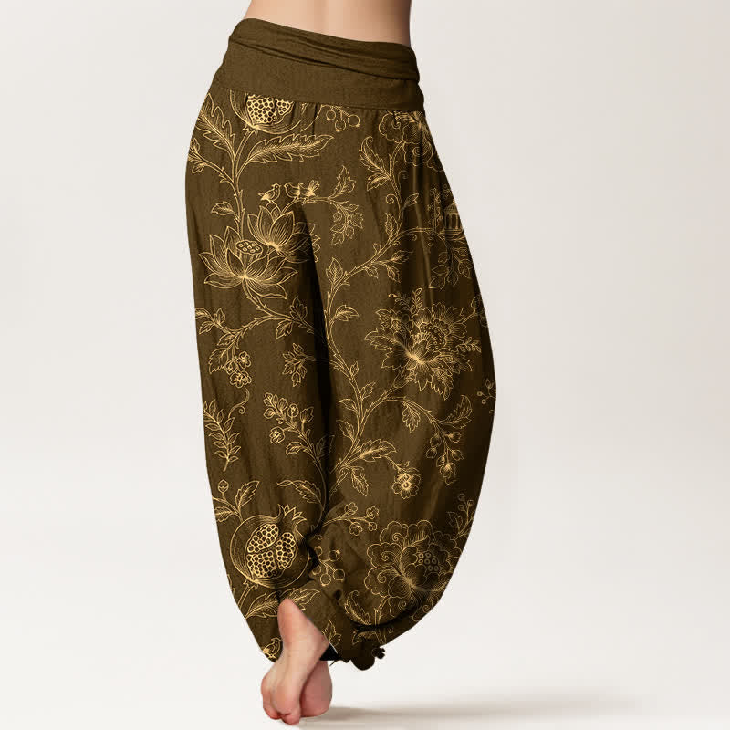 Buddha Stones Cotton Golden Floral Vine Pattern Women's Elastic Waist Harem Pants - image 7