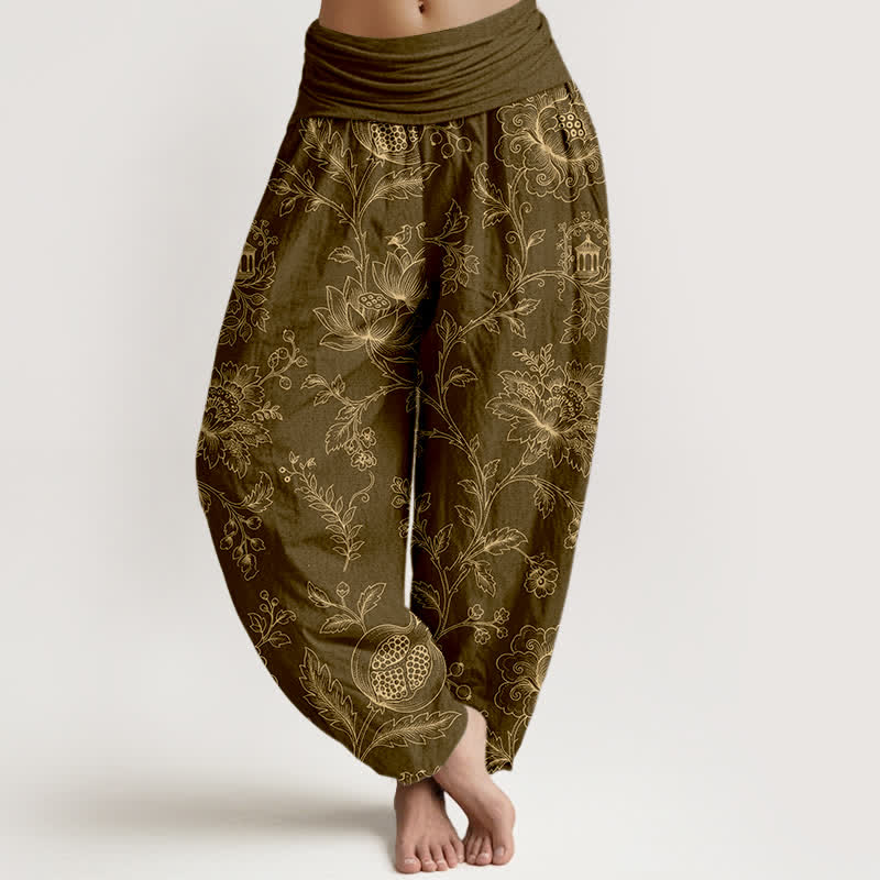 Buddha Stones Cotton Golden Floral Vine Pattern Women's Elastic Waist Harem Pants - Olive - US16，UK/AU20，EU48 (3XL) - image 5