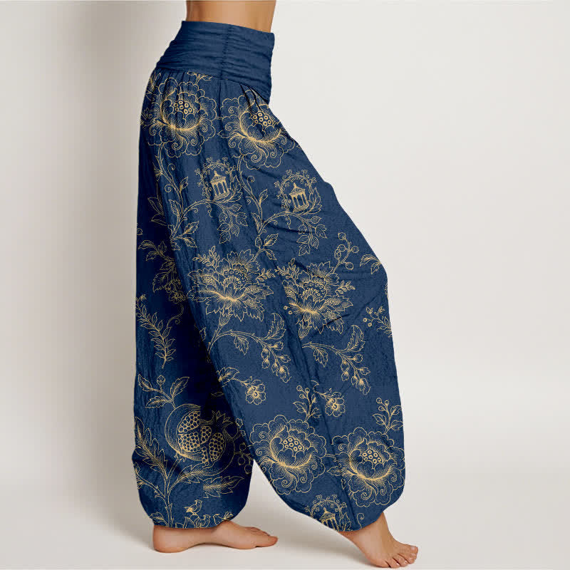 Buddha Stones Cotton Golden Floral Vine Pattern Women's Elastic Waist Harem Pants - image 9