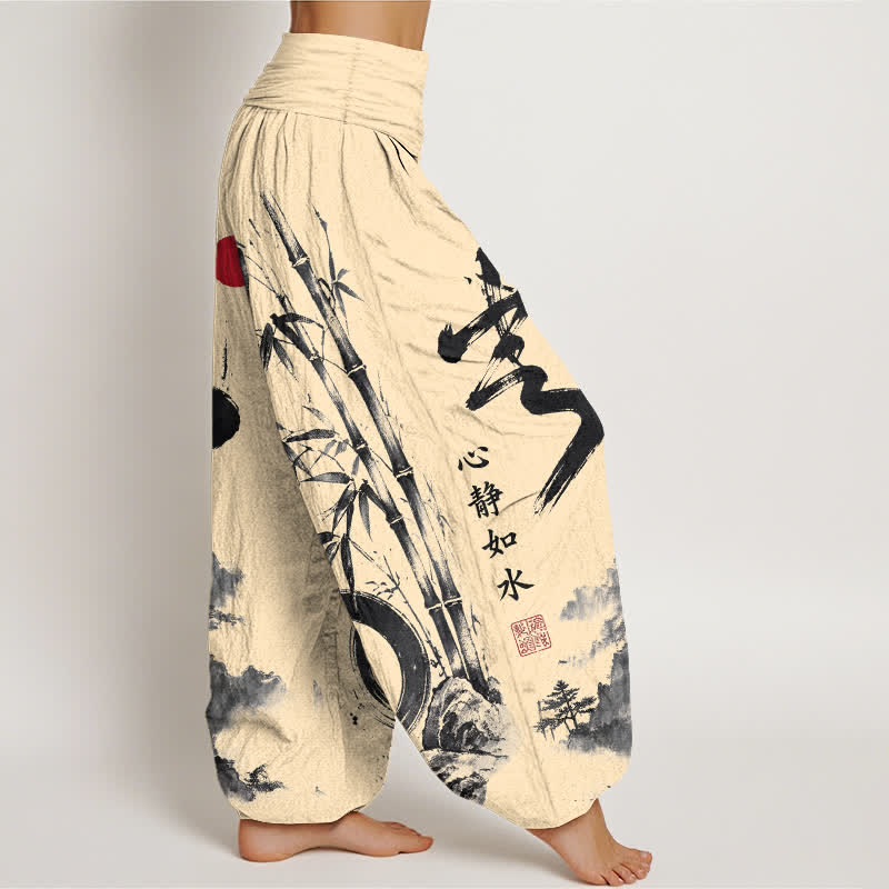 Buddha Stones Cotton Bamboo Ink Landscape Pattern Women's Elastic Waist Harem Pants - image 1