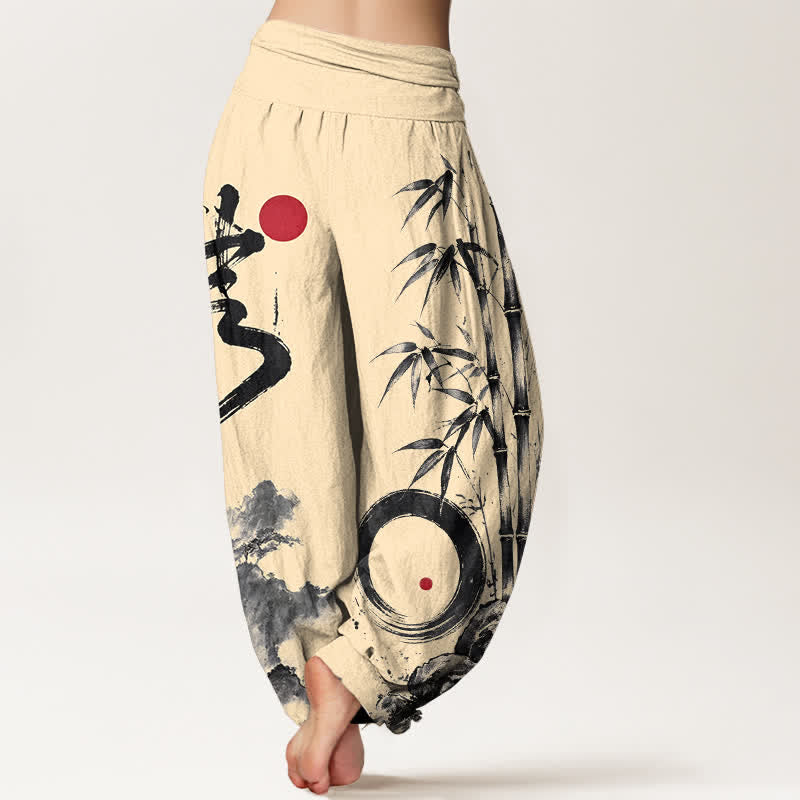 Buddha Stones Cotton Bamboo Ink Landscape Pattern Women's Elastic Waist Harem Pants - image 2