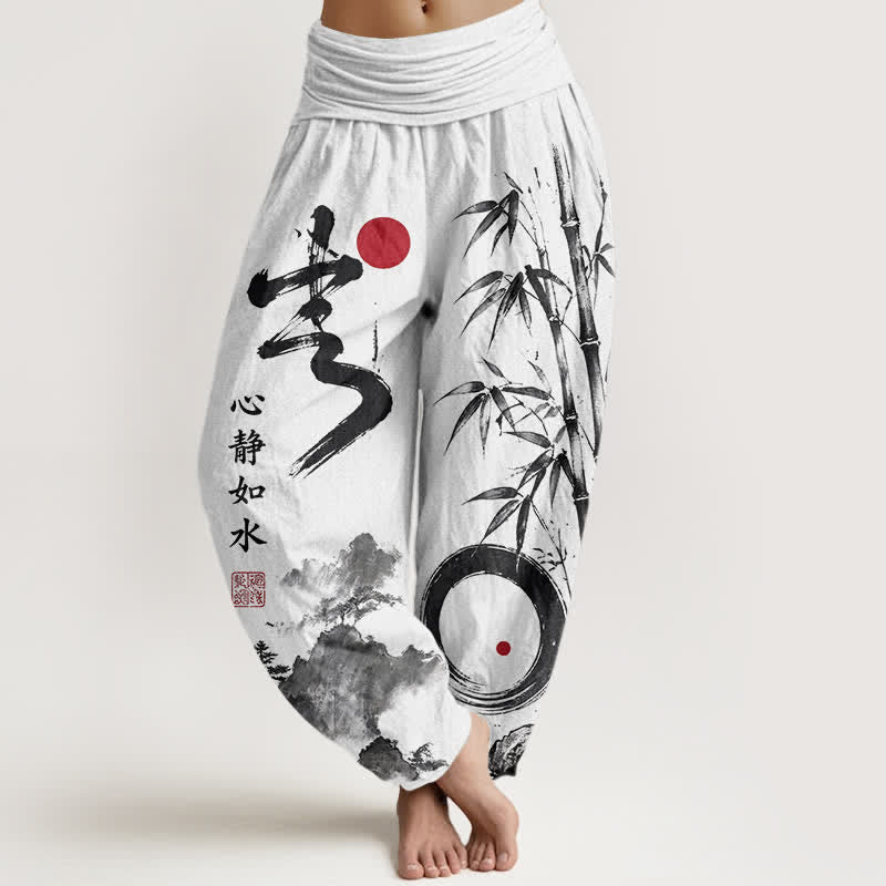 Buddha Stones Cotton Bamboo Ink Landscape Pattern Women's Elastic Waist Harem Pants - White - US16，UK/AU20，EU48 (3XL) - image 5