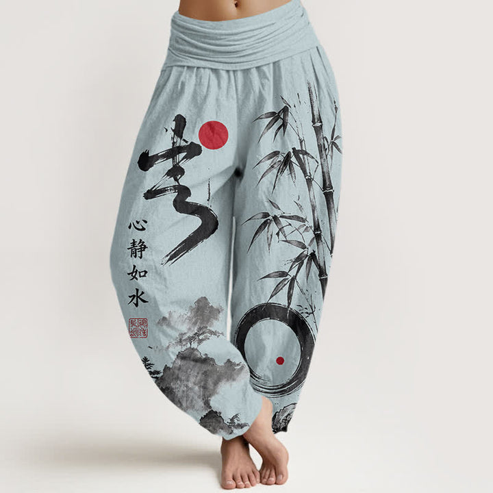 Buddha Stones Cotton Bamboo Ink Landscape Pattern Women's Elastic Waist Harem Pants - PowderBlue - US16，UK/AU20，EU48 (3XL) - image 8