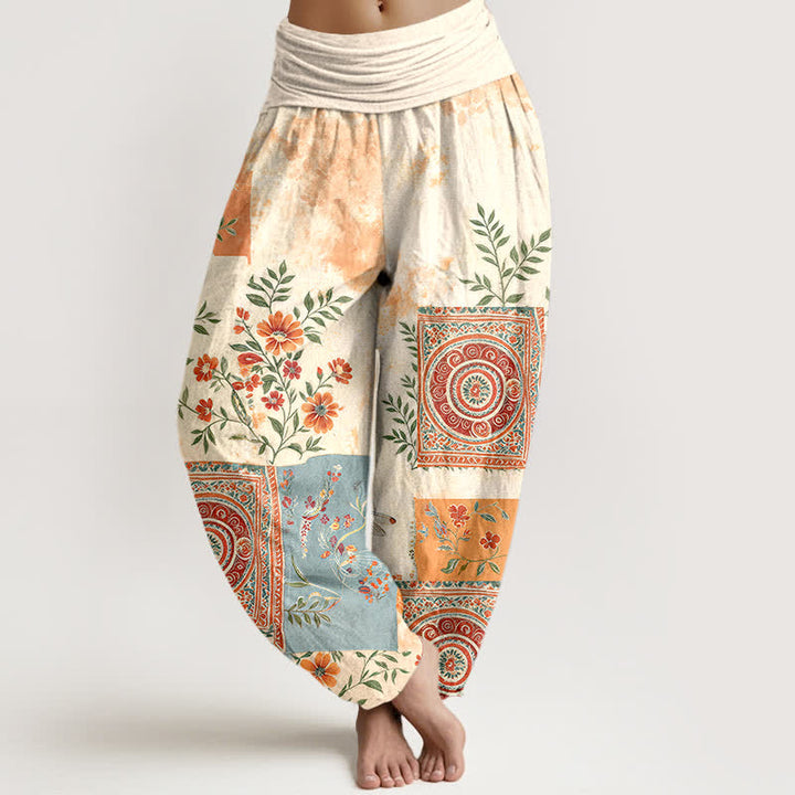 Buddha Stones Cotton Bohemian Floral Patchwork Pattern Women's Elastic Waist Harem Pants - Ivory - US16，UK/AU20，EU48 (3XL) - image 0