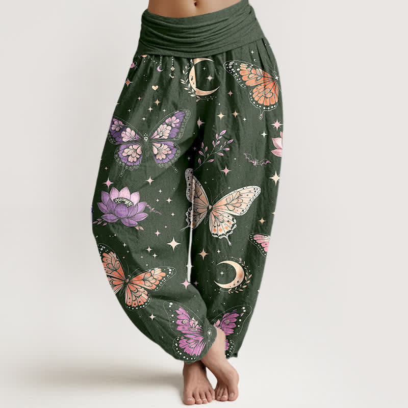 Buddha Stones Cotton Butterfly Moon Lotus Pattern Women's Elastic Waist Harem Pants - ForestGreen - US16，UK/AU20，EU48 (3XL) - image 5