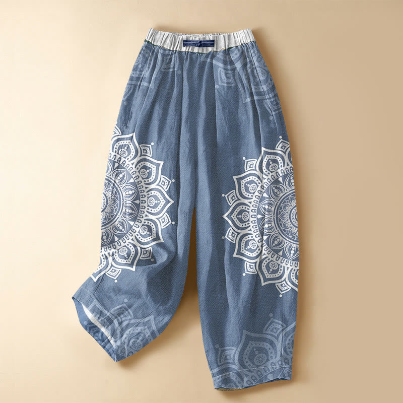Buddha Stones Pure Cotton Bohemian White Mandala Pattern Frog Button Women's Elastic Waist Harem Pants With Pockets - SteelBlue - US16，UK/AU20，EU48 (3XL) - image 7