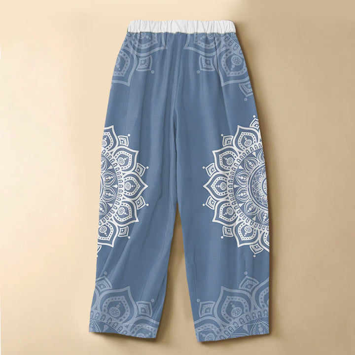 Buddha Stones Pure Cotton Bohemian White Mandala Pattern Frog Button Women's Elastic Waist Harem Pants With Pockets - image 8
