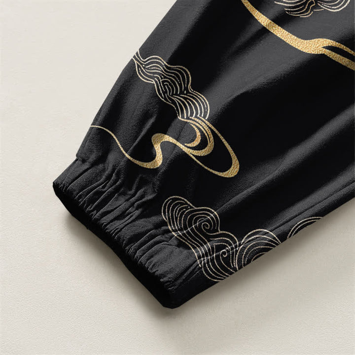 Buddha Stones Pure Cotton Golden Cloud Pattern Drawstring Men's Harem Pants With Pockets - image 4