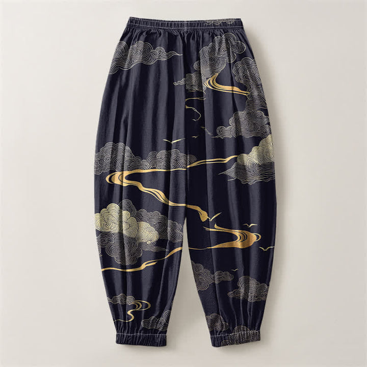Buddha Stones Pure Cotton Golden Cloud Pattern Drawstring Men's Harem Pants With Pockets - image 14