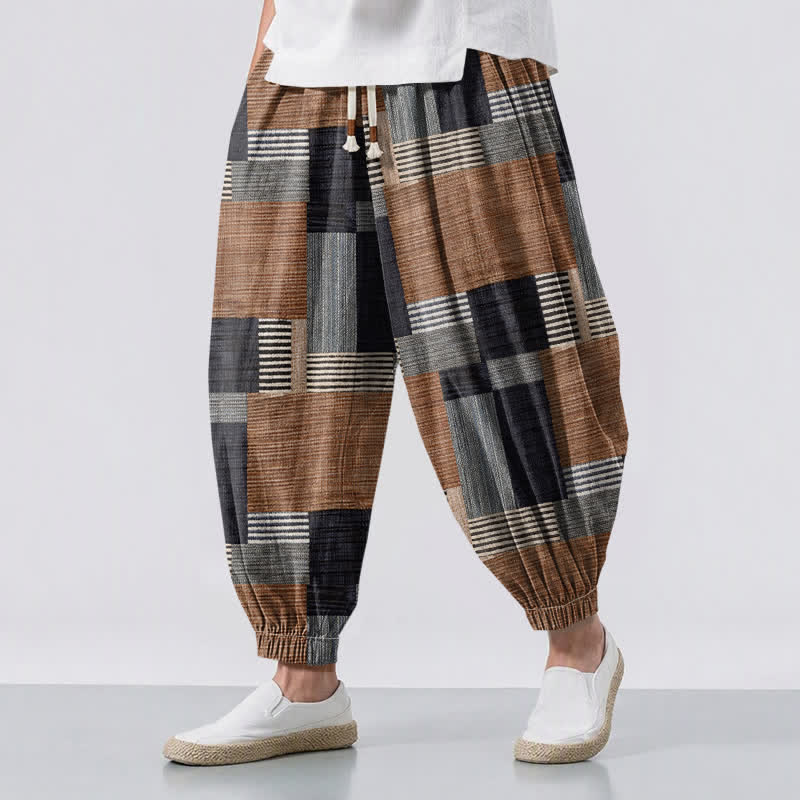Buddha Stones Pure Cotton Patchwork Plaid Stripe Pattern Drawstring Men's Harem Pants With Pockets - Peru - US/UK/AU50，EU60 (5XL) - image 0