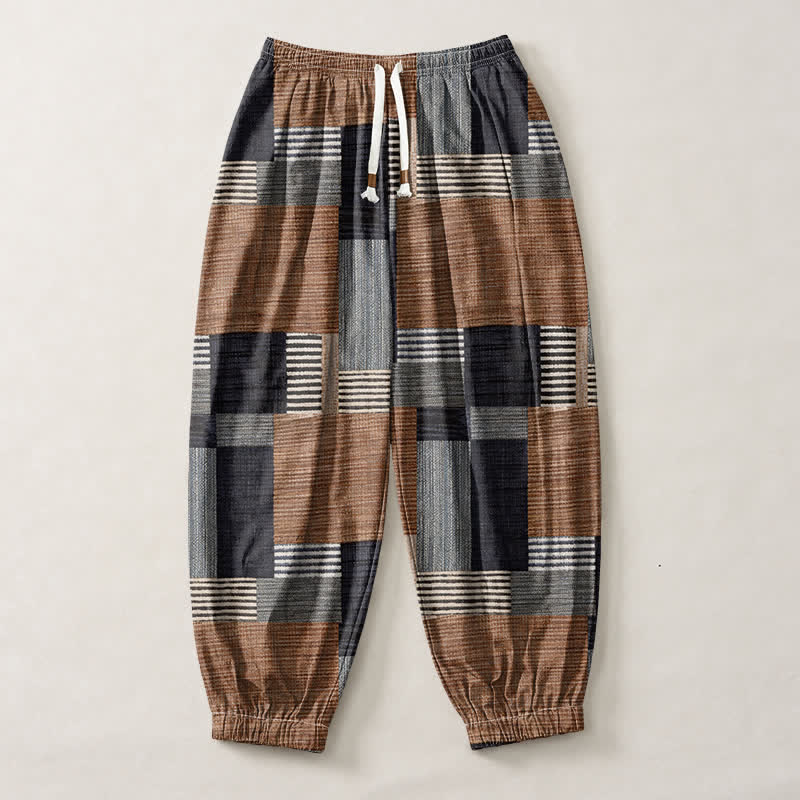 Buddha Stones Pure Cotton Patchwork Plaid Stripe Pattern Drawstring Men's Harem Pants With Pockets - image 1